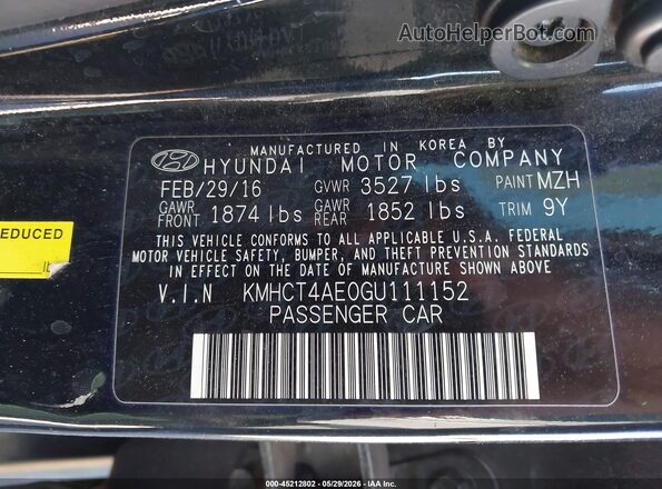 KMHCT4AE0GU111152 2016 HYUNDAI ACCENT Black Engine compartment view