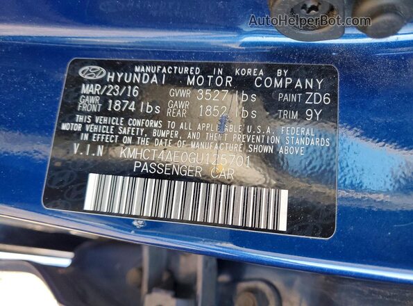 KMHCT4AE0GU125701 2016 HYUNDAI ACCENT Blue 