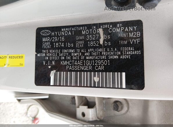 KMHCT4AE1GU129501 2016 HYUNDAI ACCENT White Widok komory silnika