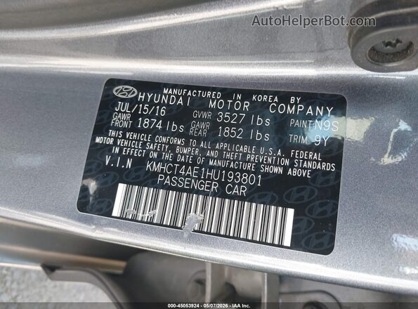 KMHCT4AE1HU193801 2017 HYUNDAI ACCENT Gray 