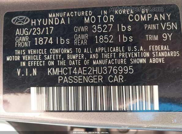 KMHCT4AE2HU376995 2017 HYUNDAI ACCENT Gray 