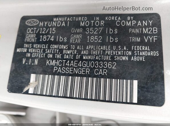 KMHCT4AE4GU033362 2016 HYUNDAI ACCENT Белый Вид подкапотного пространства
