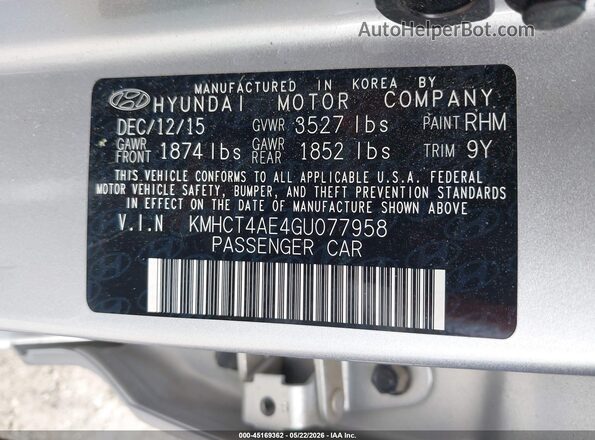 KMHCT4AE4GU077958 2016 HYUNDAI ACCENT Silver Շարժիչի բաժամունքի տեսք