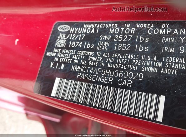 KMHCT4AE5HU360029 2017 HYUNDAI ACCENT Red Vista del compartimento del motor