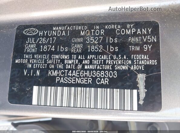 KMHCT4AE6HU368303 2017 HYUNDAI ACCENT Серебряный 