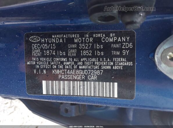 KMHCT4AE8GU072987 2016 HYUNDAI ACCENT Blue 