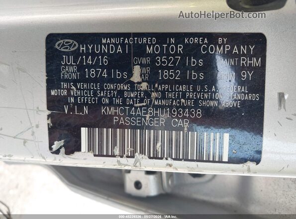 KMHCT4AE8HU193438 2017 HYUNDAI ACCENT Silver ძრავის განყოფილების ხედი