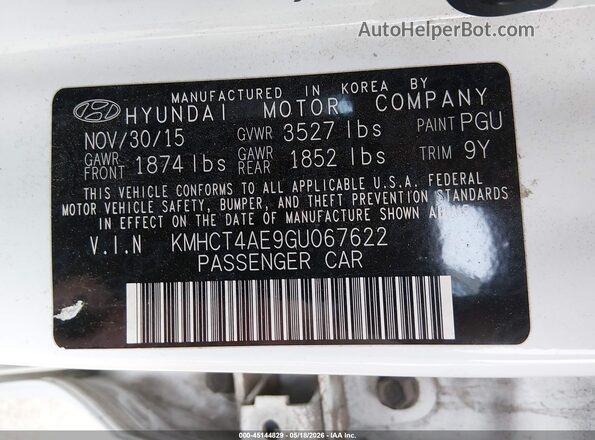 KMHCT4AE9GU067622 2016 HYUNDAI ACCENT White 