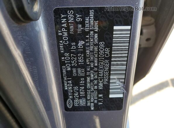 KMHCT4AEXGU109098 2016 HYUNDAI ACCENT Silver Vista de la etiqueta del VIN