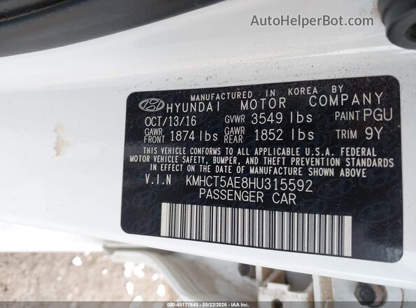 KMHCT5AE8HU315592 2017 HYUNDAI ACCENT White Вид підкапотного простору