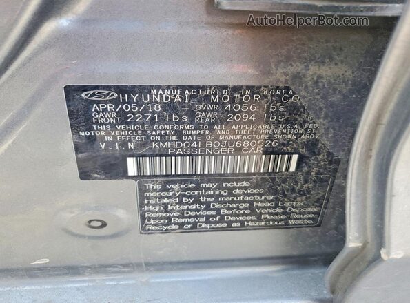 KMHD04LB0JU680526 2018 HYUNDAI ELANTRA Зеленый Вид наклейки с VIN-кодом