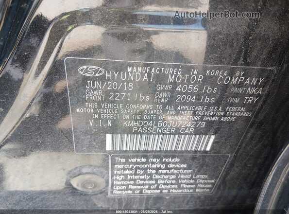 KMHD04LB0JU724279 2018 HYUNDAI ELANTRA Black ძრავის განყოფილების ხედი