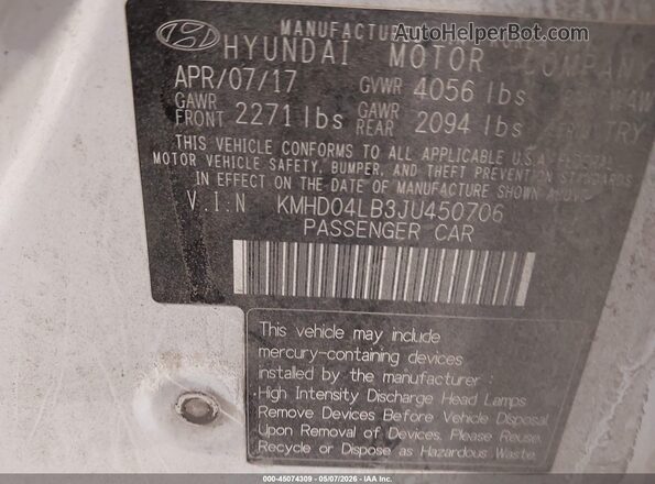 KMHD04LB3JU450706 2018 HYUNDAI ELANTRA White ძრავის განყოფილების ხედი
