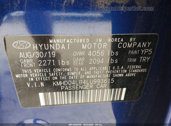 KMHD04LB4LU993615 2020 HYUNDAI ELANTRA Blue 