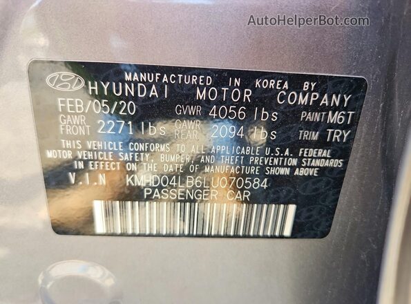 KMHD04LB6LU070584 2020 HYUNDAI ELANTRA Серый Вид подкапотного пространства