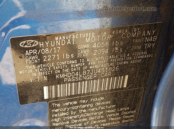 KMHD04LB7JU451826 2018 HYUNDAI ELANTRA Синий Вид подкапотного пространства