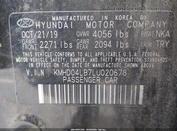 KMHD04LB7LU020678 2020 HYUNDAI ELANTRA Black Շարժիչի բաժամունքի տեսք