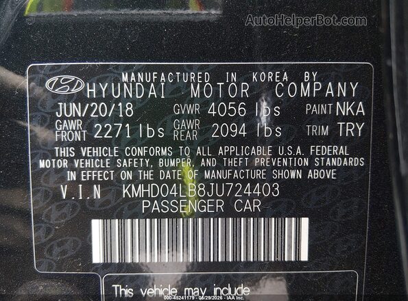 KMHD04LB8JU724403 2018 HYUNDAI ELANTRA Black Вид підкапотного простору