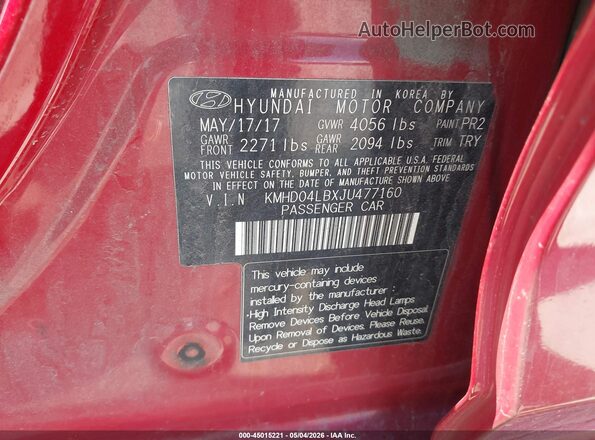 KMHD04LBXJU477160 2018 HYUNDAI ELANTRA Red Вид підкапотного простору