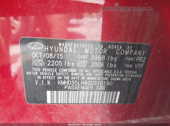 KMHD35LH4GU310190 2016 HYUNDAI ELANTRA GT Red Շարժիչի բաժամունքի տեսք