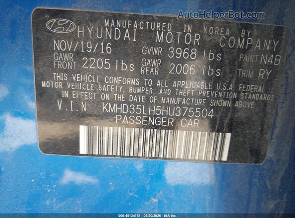 KMHD35LH5HU375504 2017 HYUNDAI ELANTRA GT Blue Շարժիչի բաժամունքի տեսք