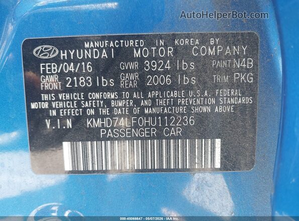 KMHD74LF0HU112236 2017 HYUNDAI ELANTRA Blue ძრავის განყოფილების ხედი