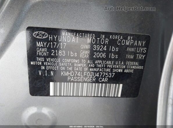 KMHD74LF0JU477537 2018 HYUNDAI ELANTRA Gray Вид підкапотного простору