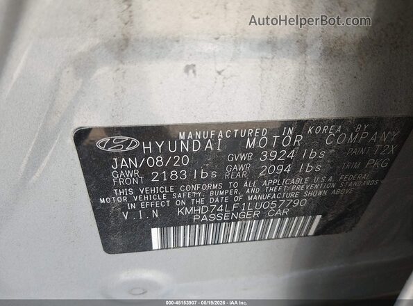KMHD74LF1LU057790 2020 HYUNDAI ELANTRA Silver Vista del compartimento del motor