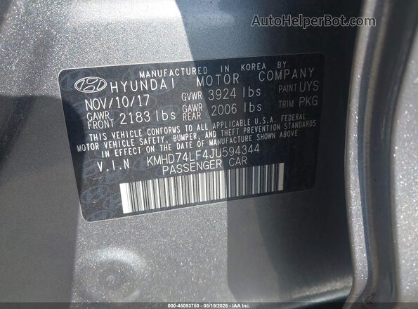 KMHD74LF4JU594344 2018 HYUNDAI ELANTRA Gray 