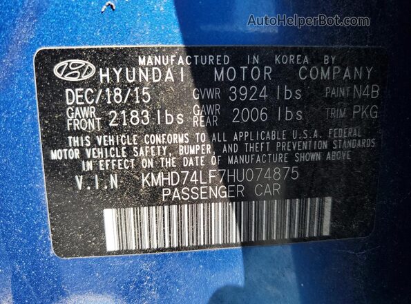 KMHD74LF7HU074875 2017 HYUNDAI ELANTRA Blue Widok komory silnika