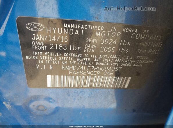 KMHD74LF7HU094057 2017 HYUNDAI ELANTRA Blue 