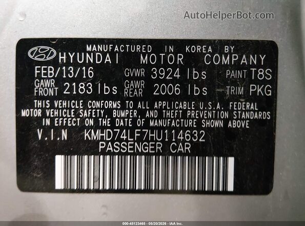 KMHD74LF7HU114632 2017 HYUNDAI ELANTRA Silver ძრავის განყოფილების ხედი