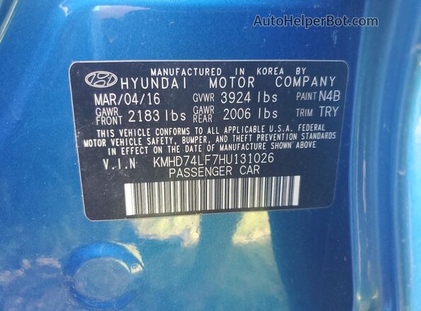 KMHD74LF7HU131026 2017 HYUNDAI ELANTRA Blue Engine compartment view