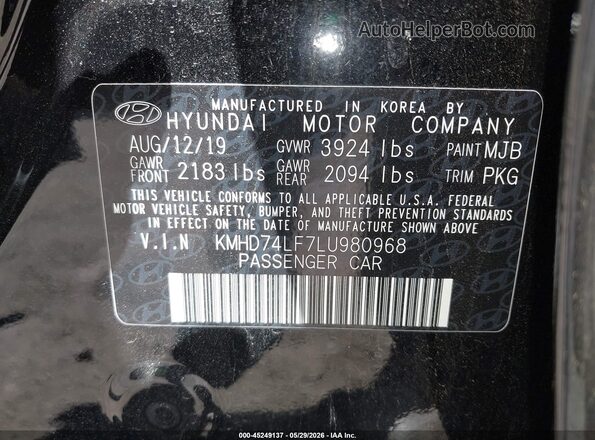 KMHD74LF7LU980968 2020 HYUNDAI ELANTRA Black 