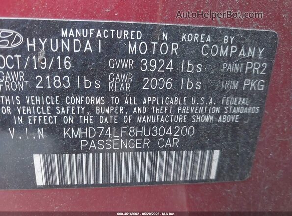 KMHD74LF8HU304200 2017 HYUNDAI ELANTRA Красный Вид подкапотного пространства