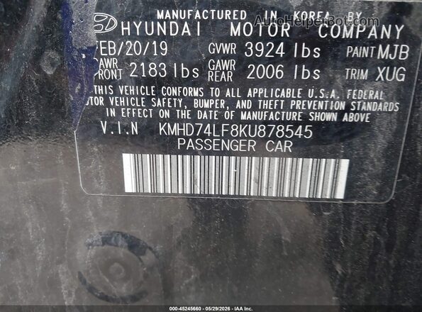 KMHD74LF8KU878545 2019 HYUNDAI ELANTRA Черный Вид подкапотного пространства