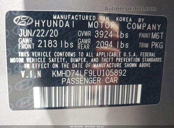 KMHD74LF9LU105892 2020 HYUNDAI ELANTRA Gray Engine compartment view