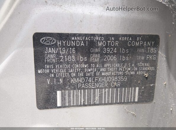 KMHD74LFXHU098359 2017 HYUNDAI ELANTRA Gray 