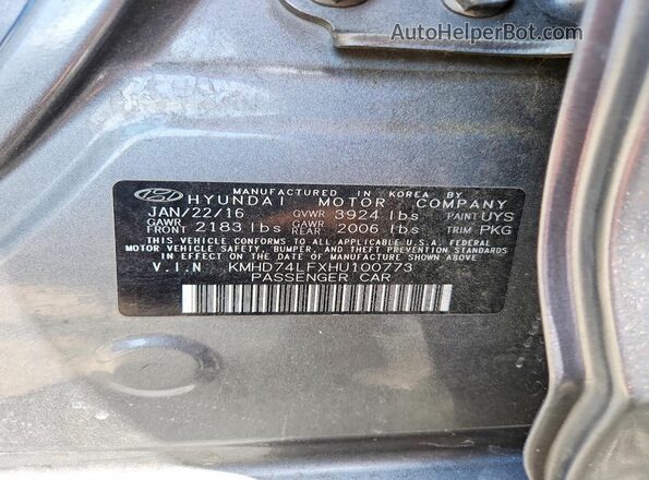 KMHD74LFXHU100773 2017 HYUNDAI ELANTRA Gray 