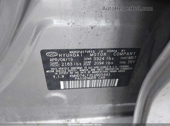 KMHD74LFXLU905441 2020 HYUNDAI ELANTRA Gold Vista del compartimento del motor