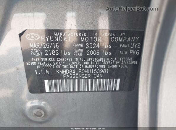 KMHD84LF0HU153981 2017 HYUNDAI ELANTRA Gray ძრავის განყოფილების ხედი