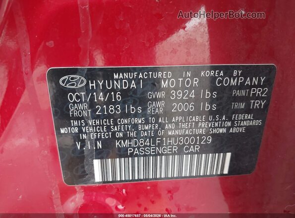 KMHD84LF1HU300129 2017 HYUNDAI ELANTRA Red Vista del compartimento del motor