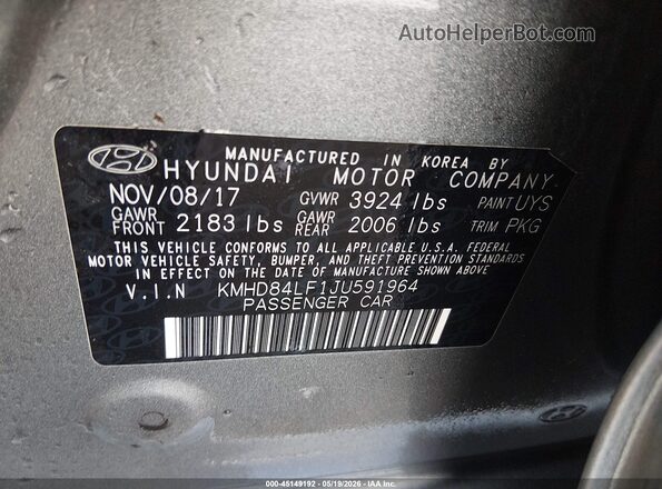 KMHD84LF1JU591964 2018 HYUNDAI ELANTRA Gray 