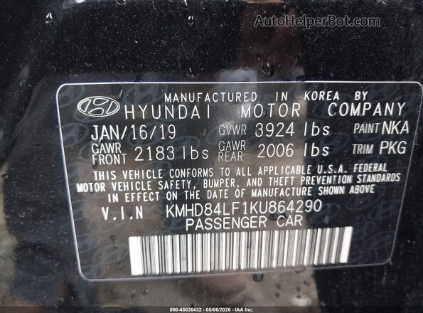 KMHD84LF1KU864290 2019 HYUNDAI ELANTRA Black Widok komory silnika
