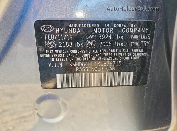 KMHD84LF1KU876715 2019 HYUNDAI ELANTRA Gray 