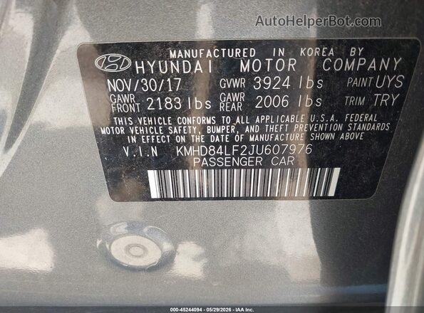 KMHD84LF2JU607976 2018 HYUNDAI ELANTRA Silver Vista del compartimento del motor
