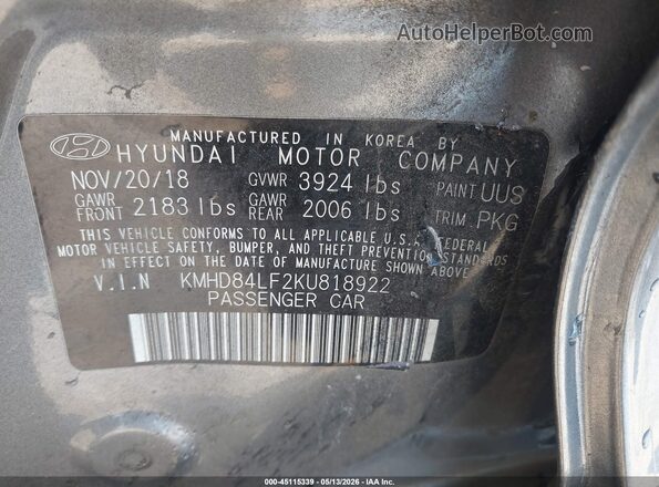 KMHD84LF2KU818922 2019 HYUNDAI ELANTRA Gray Widok komory silnika