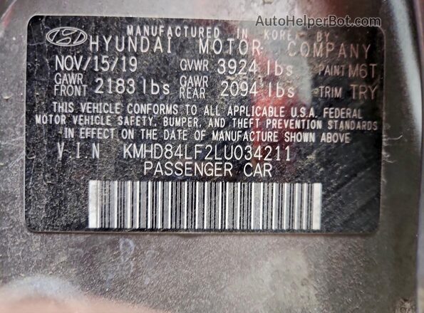 KMHD84LF2LU034211 2020 HYUNDAI ELANTRA Gray 