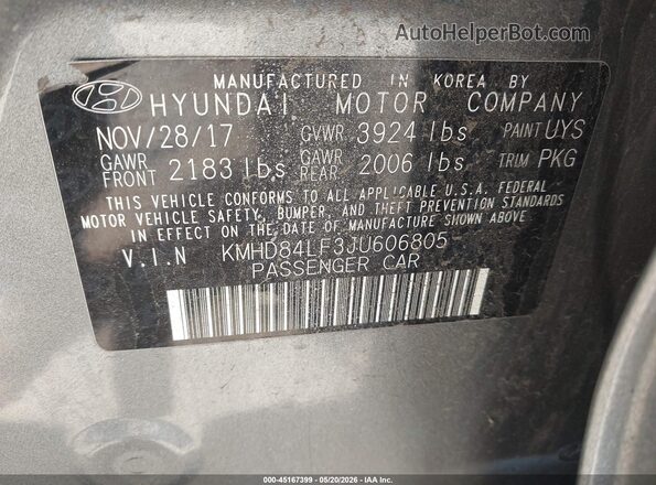 KMHD84LF3JU606805 2018 HYUNDAI ELANTRA Gray ძრავის განყოფილების ხედი