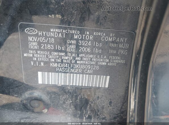 KMHD84LF3KU809128 2019 HYUNDAI ELANTRA Black Engine compartment view